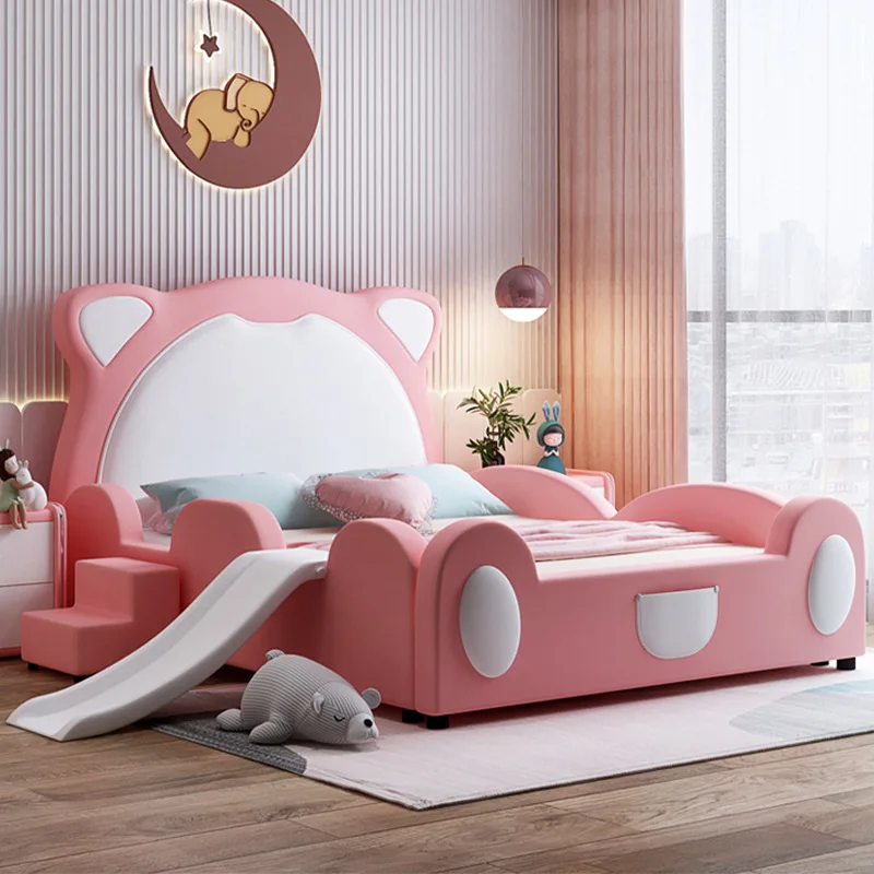 Children's furniture girl boy cartoon soft leather bed 1.5 meters with slide lovely guardrail bed