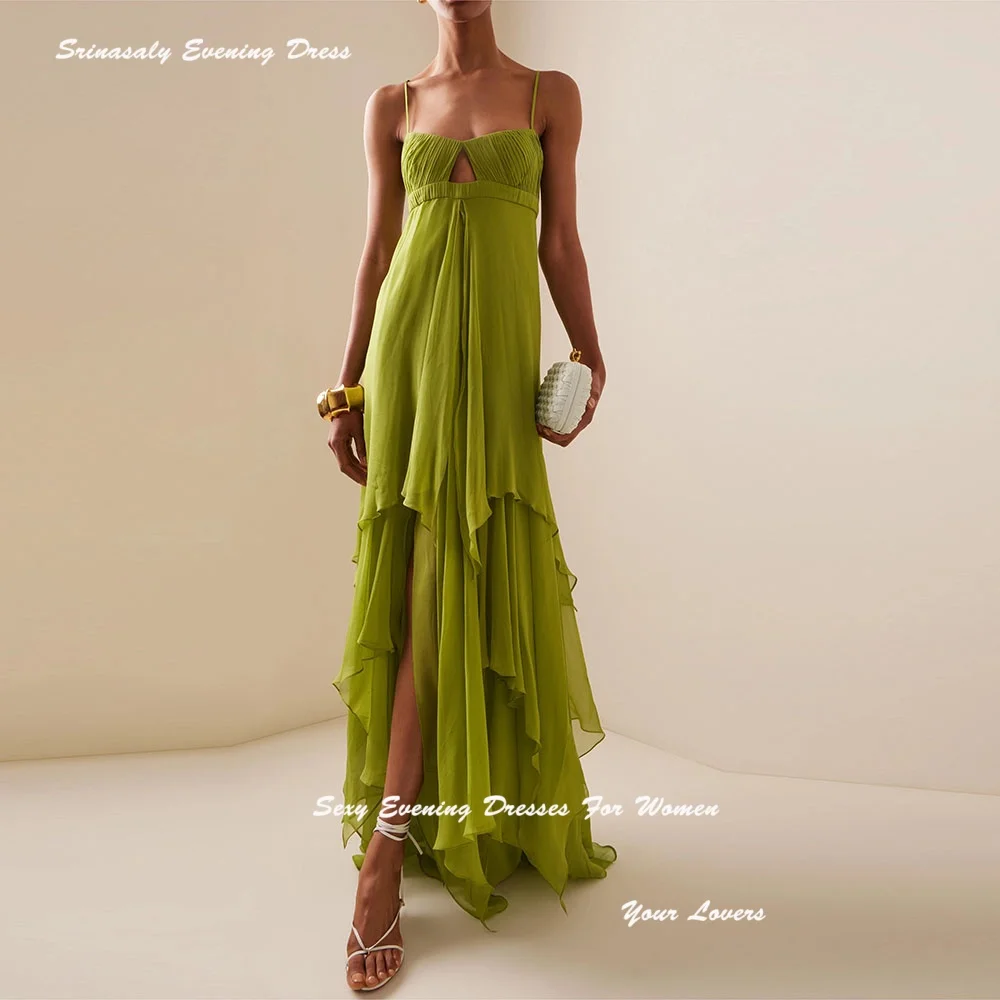 

Customized Chiffon Olive Green Evening Dresses For Sexy Women Formal Dress Floor-length Spaghetti Strap Prom Dress With Slit