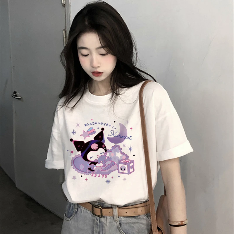 Kuromi T-shirt Women Cotton Fashion Tees Shirts Kawaii Sanrio Melody Cartoon Oversize Harajuku Casual Clothes Streetwear Y2K Top