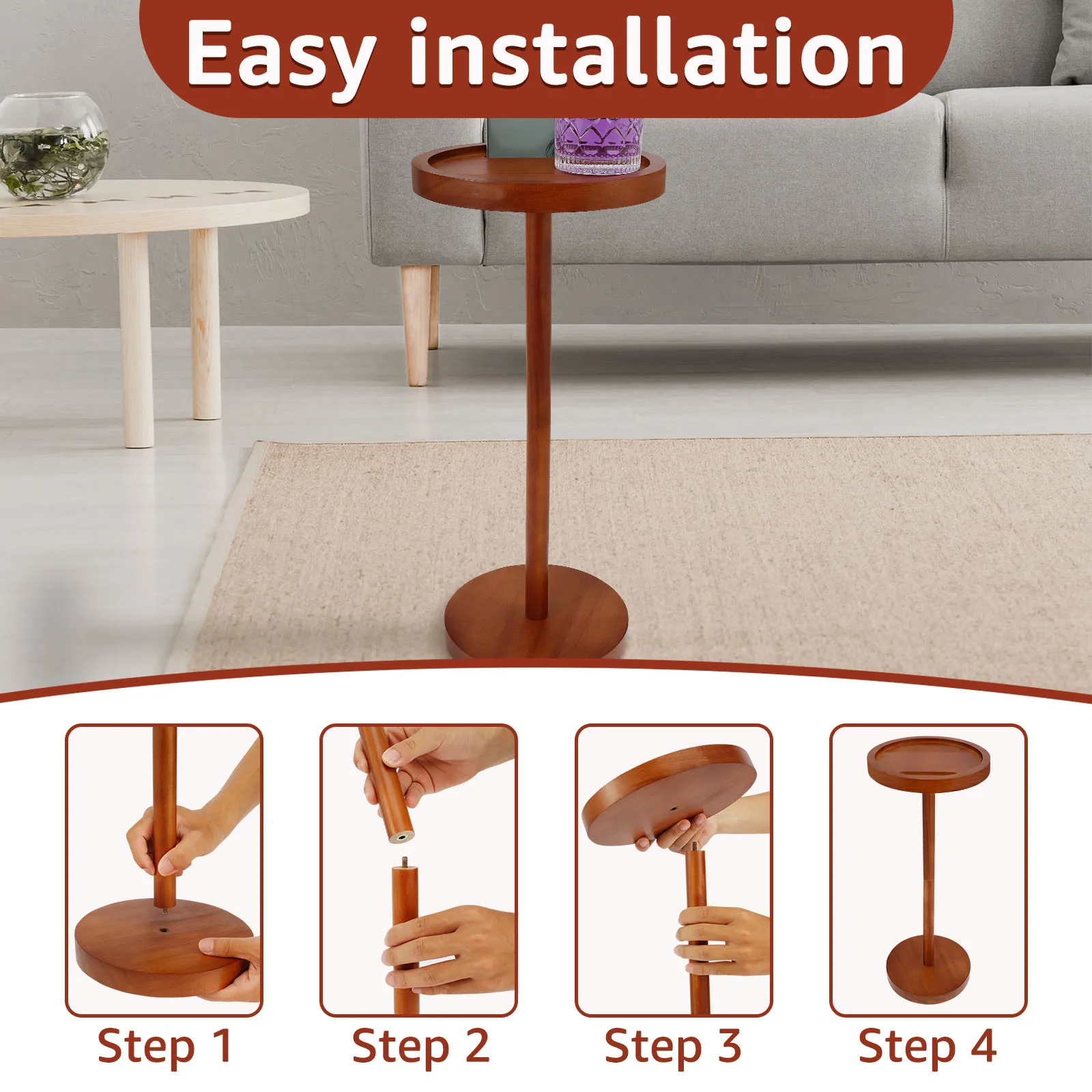 Round Wooden Side Table High 55cm Drink Table with Phone Holder Nightstand Side Table, Storage Desk, Coffee Table for Bedroom image 6
