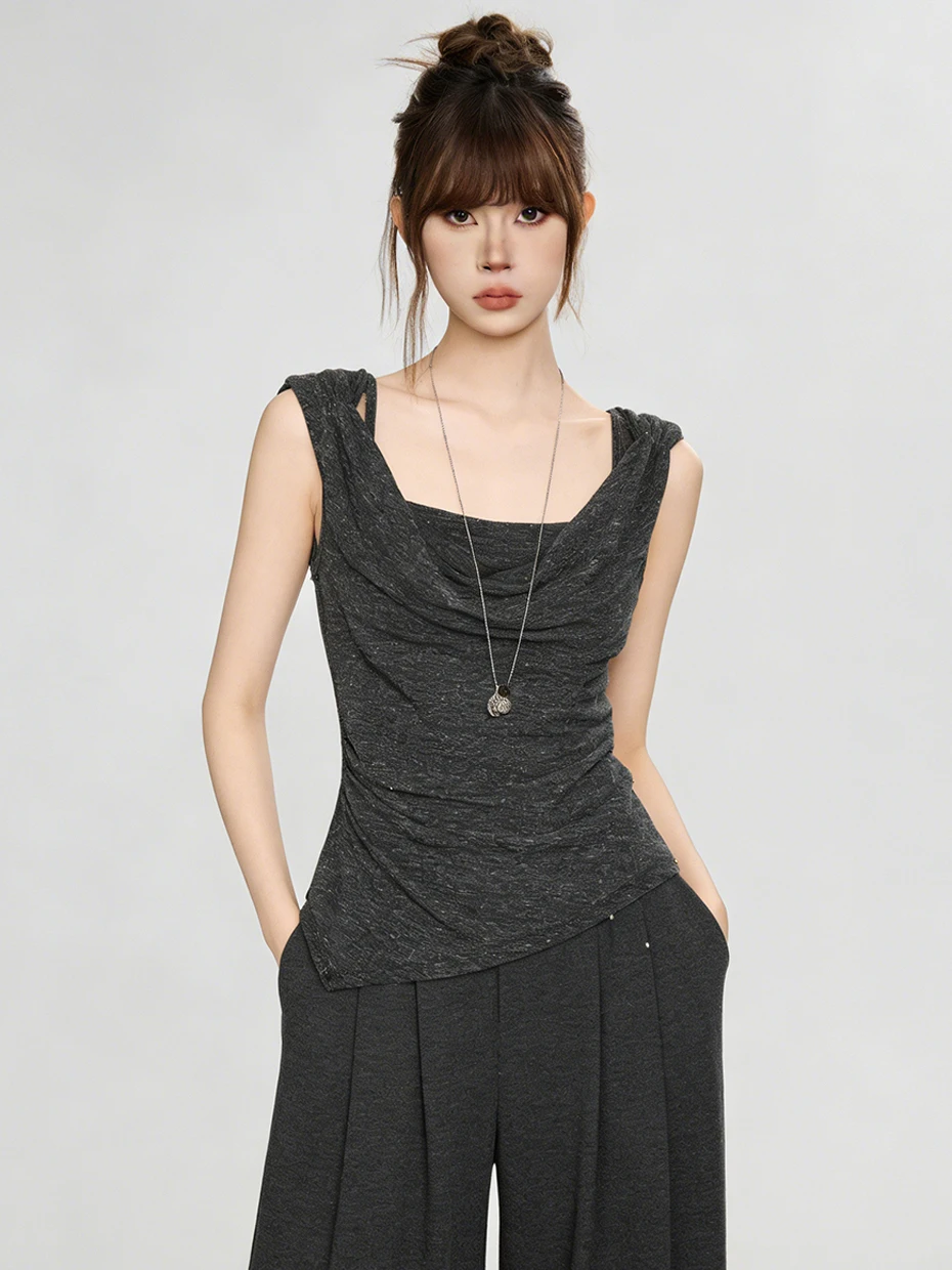 High-End Sleeveless Yoke Vest T-Shirt Women Summer 2026 New Pleated Design Slimming Waist Top Korean Style Commute Fashion