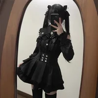 Dark Sweet Heart Ground Type Lolita Set, Ruffle Sleeve Top & A-line Skirt, Cute Kawaii Japanese Style Gothic Coord Outfit S-XL - Image 4