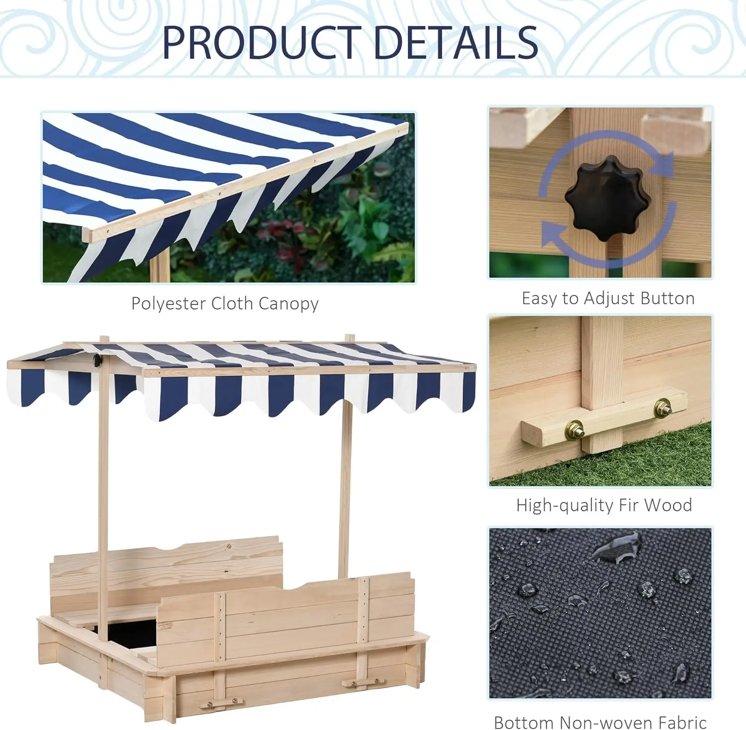 커버가 있는 나무 어린이 샌드박스, 접이식 벤치 시트, 조절 가능한 캐노피, 야외 바닥 라이너, 어린이 야외 모래 상자