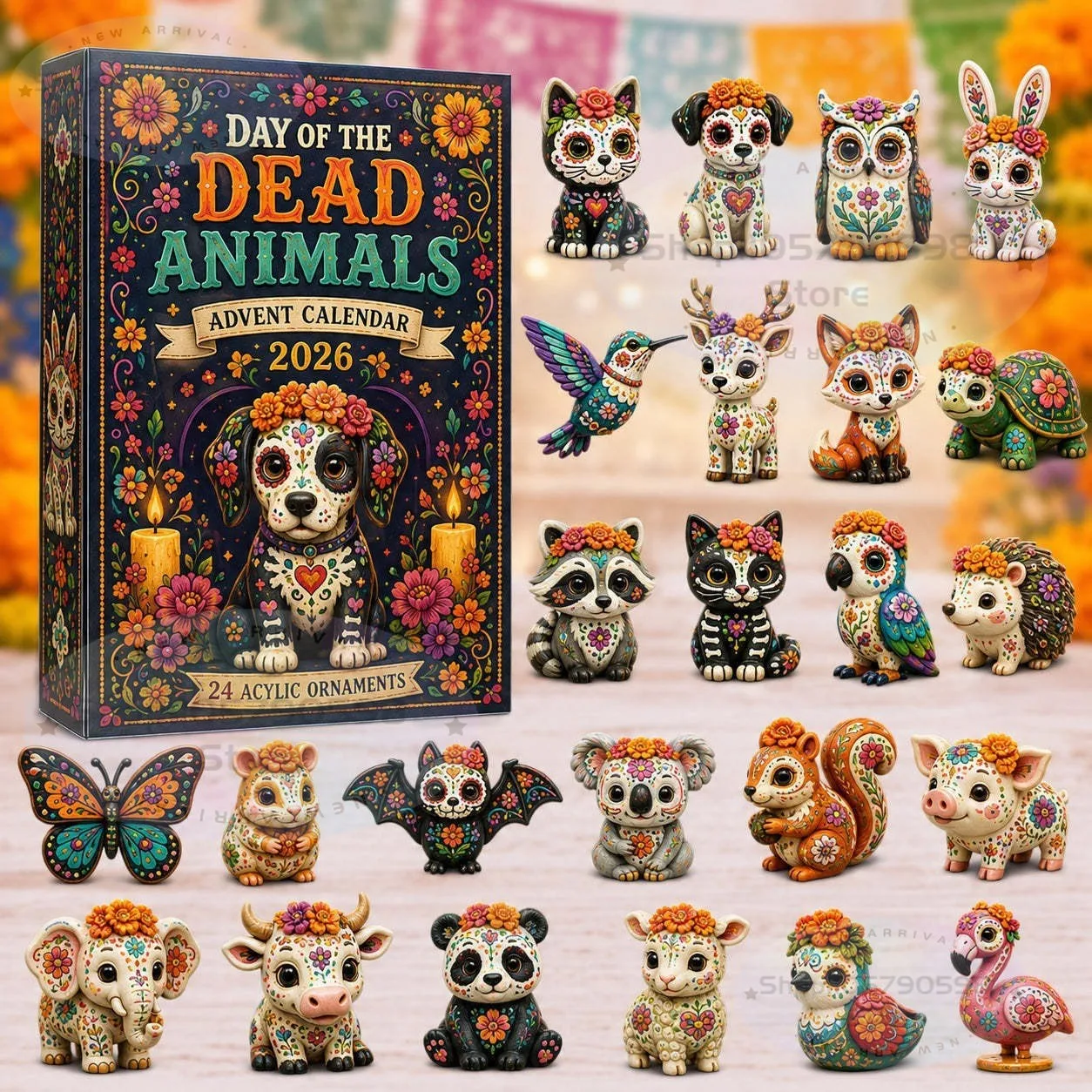 Calendario de Adviento de las Ofrendas del Día de Muertos 2026 - Cuenta Regresiva Sorpresa de 24 Días, Figuras de Altar Acrílicas 2D con Arte Temático Cultural