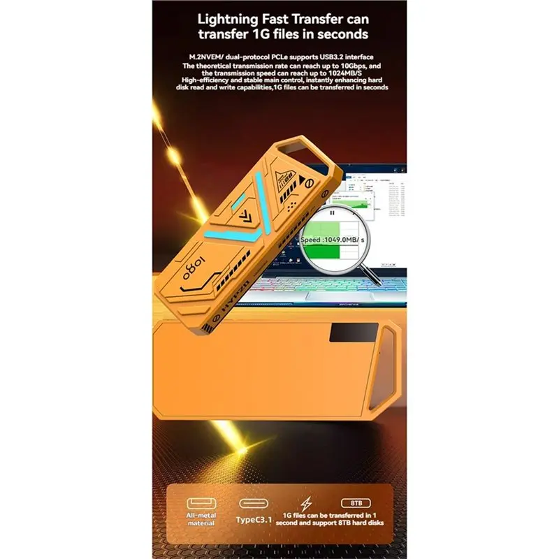 Obudowa na dysk SSD ABZZ-M2, przenośna, USB3.1 Type-C, RGB, M.2 NGFF/NVME, obudowa dysku twardego 10 Gbps do komputera — zdjęcie produktu 2