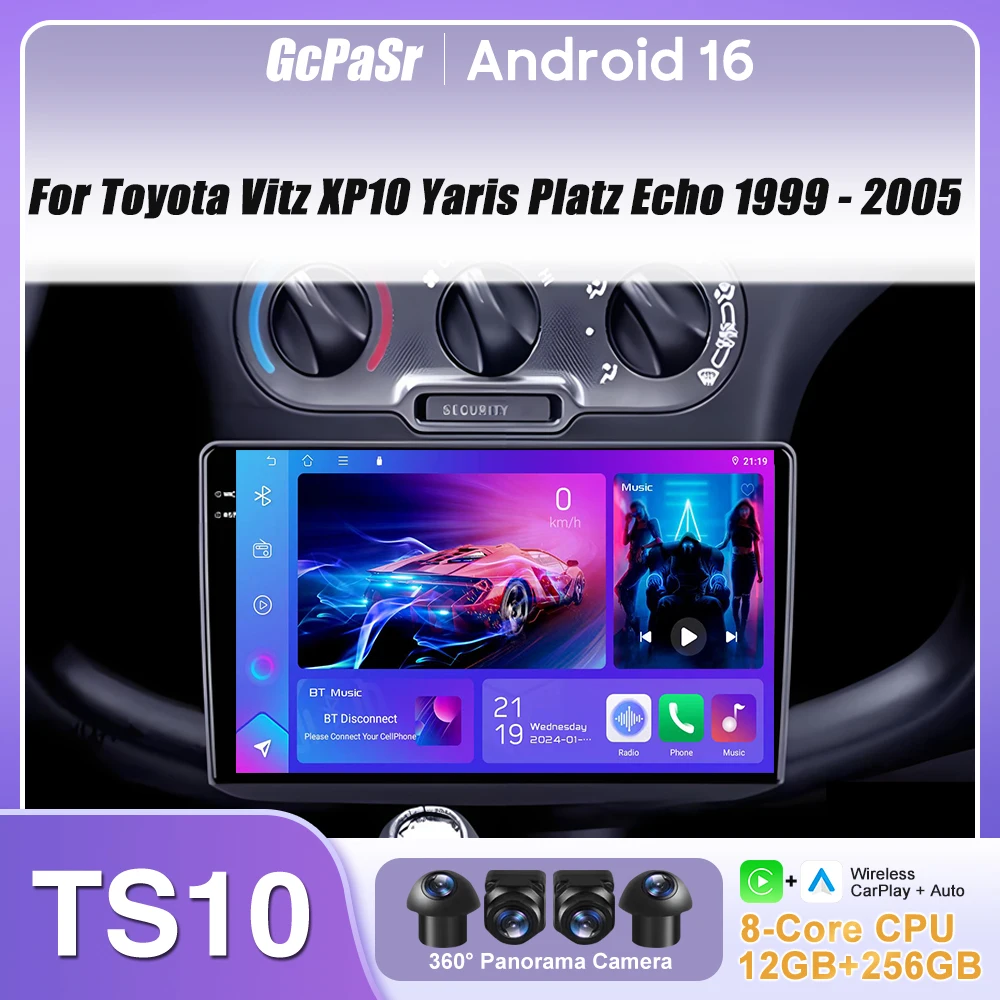 

Автомагнитола для Toyota Vitz XP10 Yaris Platz Echo 1999-2005 с Carplay, GPS-навигацией, Android Auto, Android 16, экраном без 2DIN, 4G, DVD