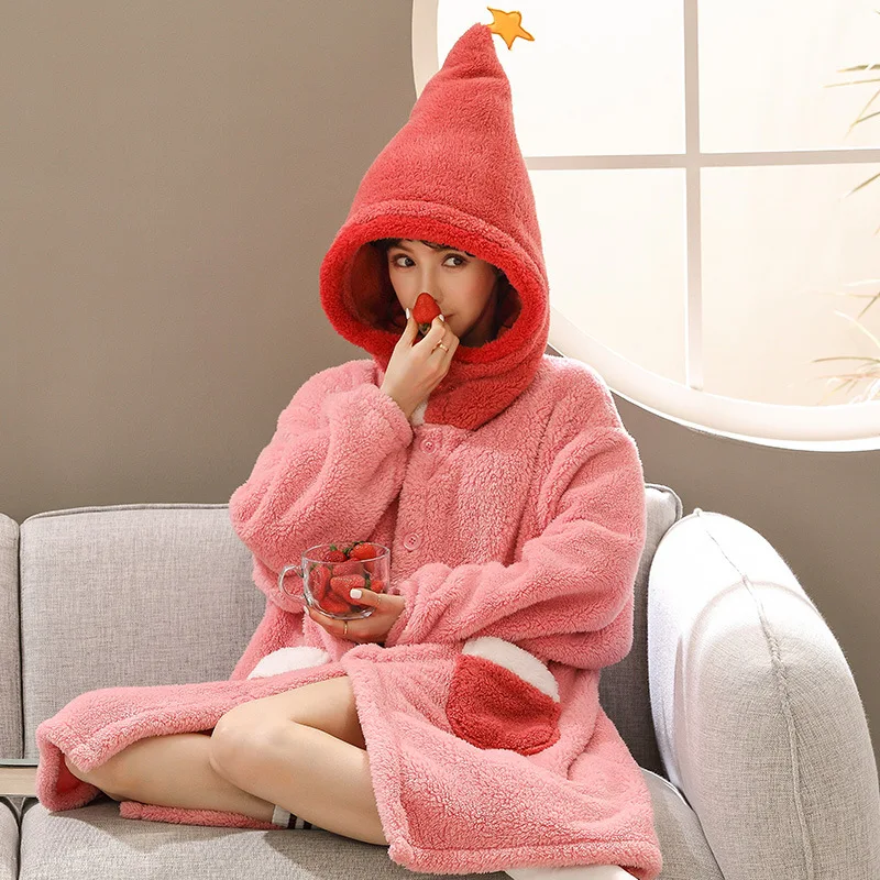 

Pajamas Women Autumn And Winter Coral Velvet Long Warm Personalized Dressing Gown Winter Hooded Flannel Lively Lovely Bathrobe