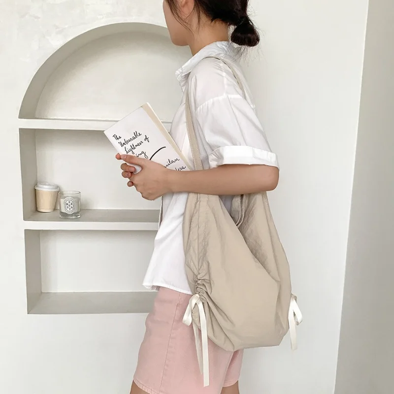 

Fresh Stylish Summer Shoulder Bag Simply-Designed Large Capacity Drawstring Nylon Pleated Bag Versatile Casual Chic Shopping Bag