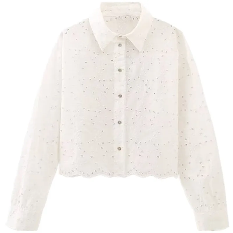 Ele White Embroidered Long Sve ort irt Women's Faion Summer New Arrival Hollow out Design High Waist Commute Sle