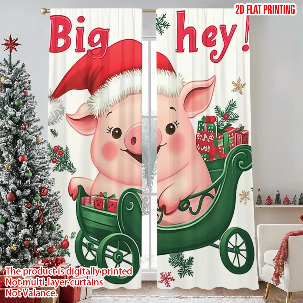 

2pcs 2D flat printing Merry Christmas Popular Curtain Christmas Pig_ 100% Polyester Without Electricity Holiday Decorations