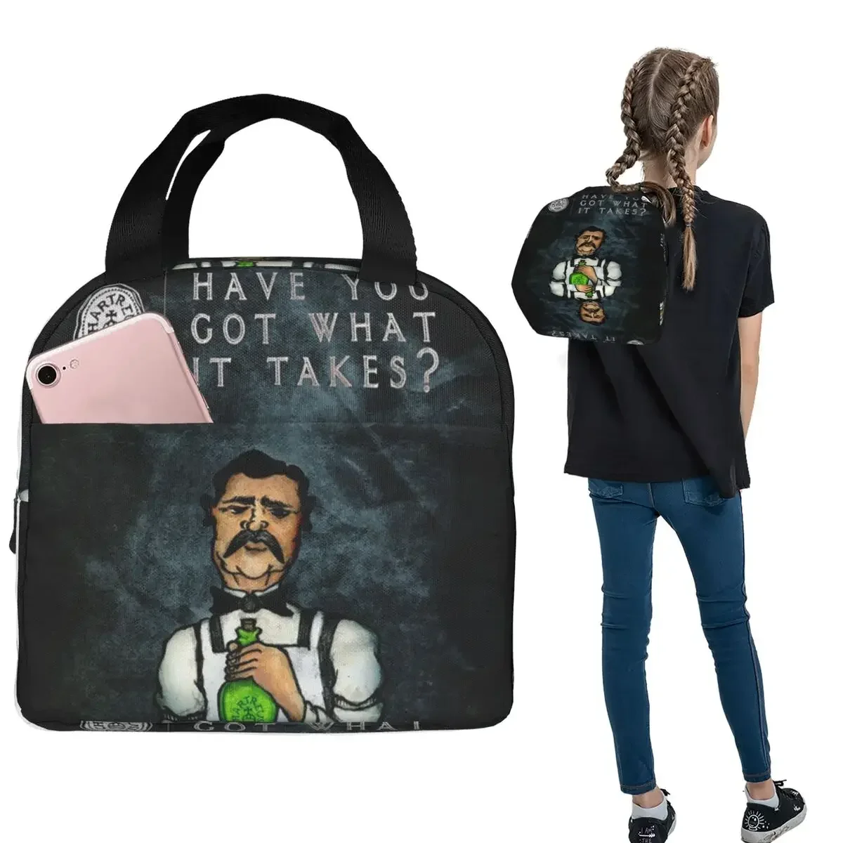 Green Chartreuse Bottle Oil Painting Drink Insulated Lunch Bag for Women Children Portable Food Boxes Thermal Lunch Box Tote