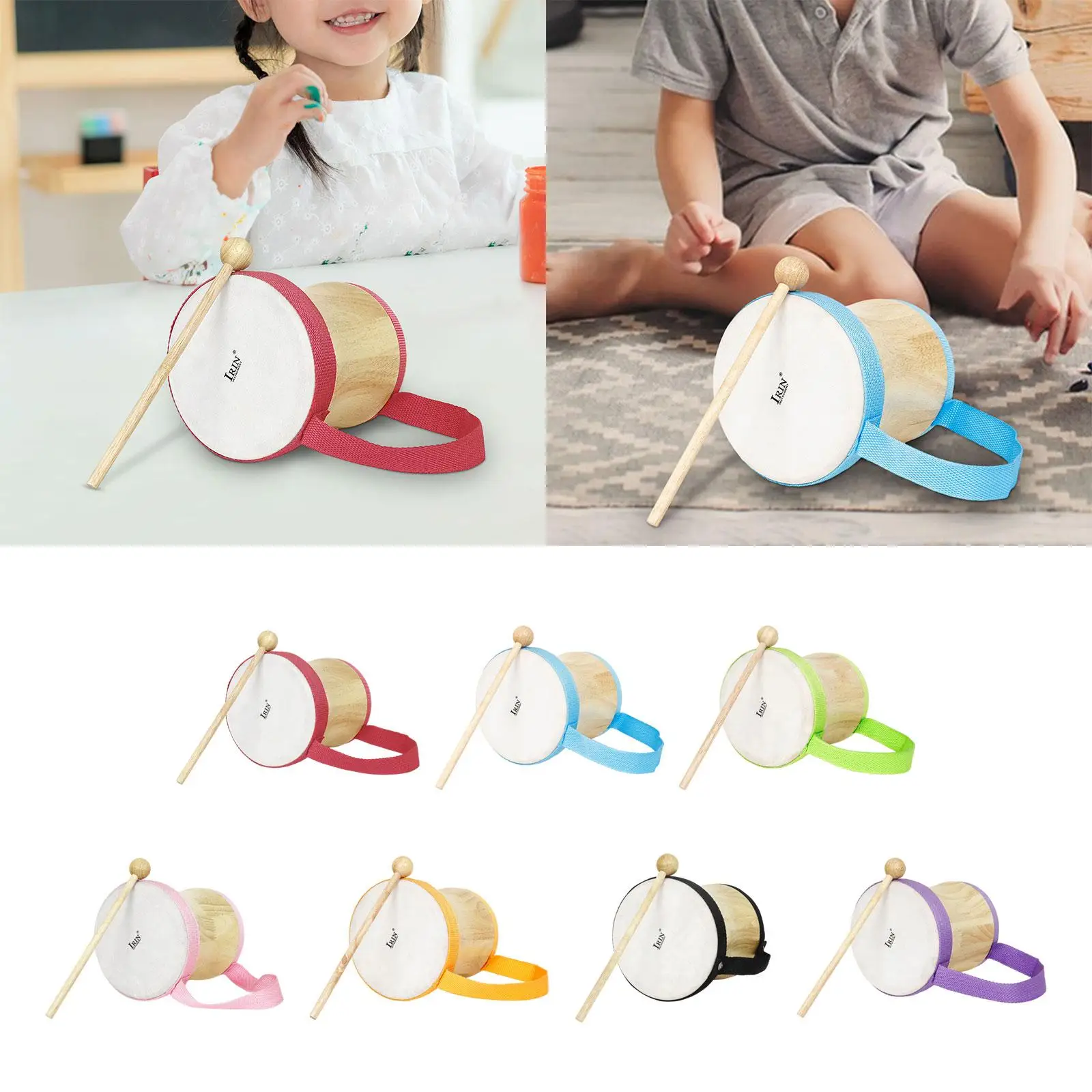 Kids Drum Set, Wooden Drum Set with Carry Strap, Wooden Drum Sticks Toy Drum Set Musical Instrument Drum Set for Girls Boys view 3