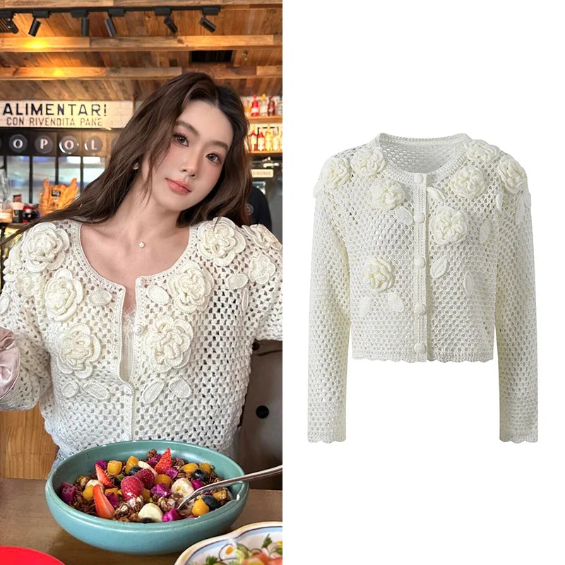 

Романтическая Аосфера или Вязаный кардиган с круглым вырезом Ne 3D крючок с цветком, летний новый женский нежный топ без рукавов