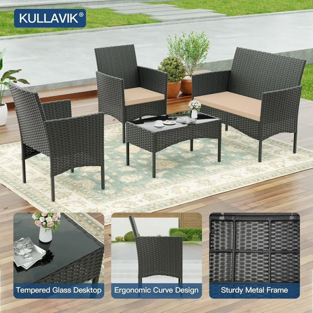 4 Pieces Patio Furniture Set, PE Wicker Rattan Chairs Garden Conversation Sets with Tempered Glass Table and Soft Cushions