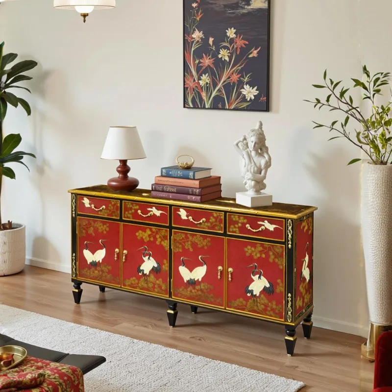 French Chinese style crane four-door side cabinet, entrance cabinet 182 * 44 * 94cm