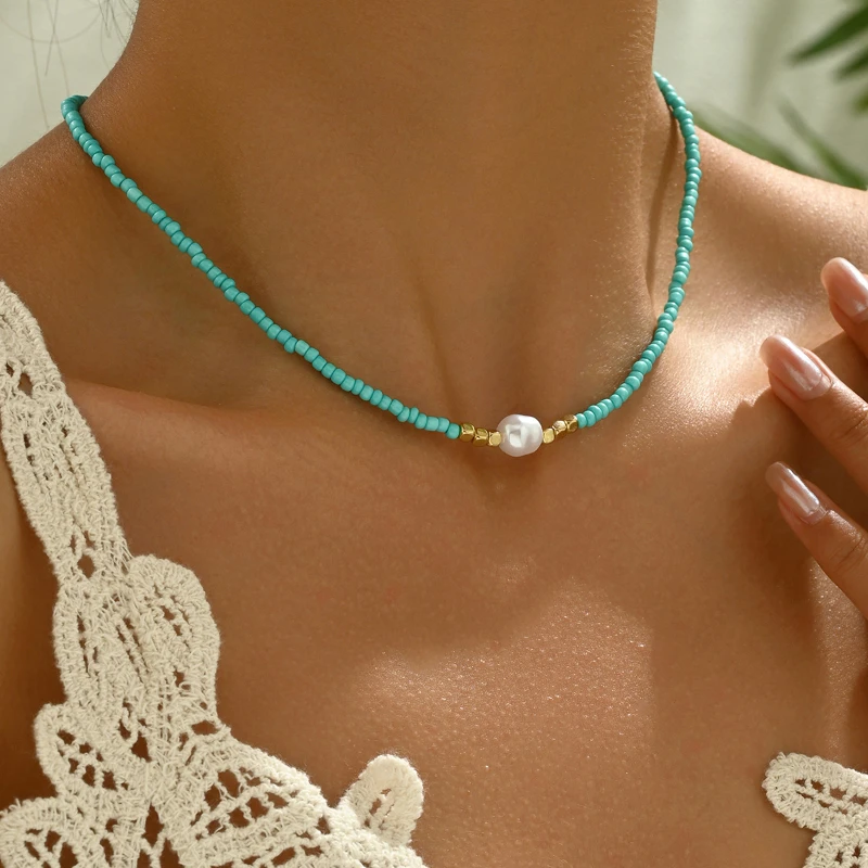 Vintage Bohemian Style Woven Rice Beads Beaded Necklace Women\'s Fashion Simple Design Holiday Party Accessories Gift