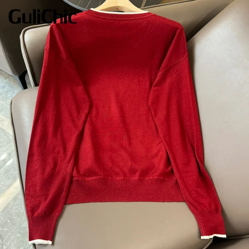 3.1 GuliChic Women\'s Silk Vintage Print Spliced KnitwerarRound Neck Long Sleeve Comfortable Pullover Soft Wool Knit Top