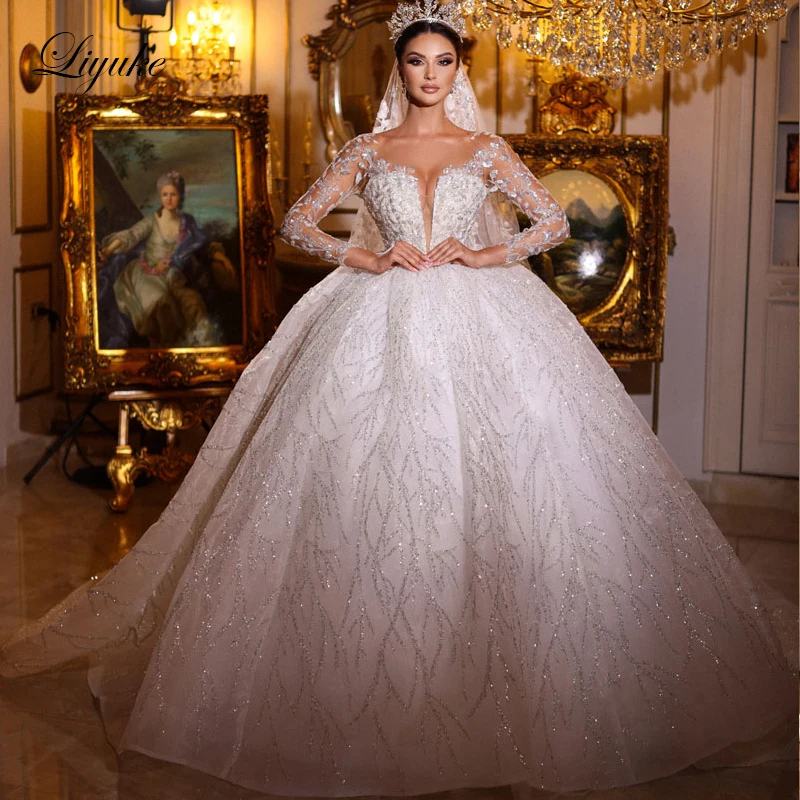 

Liyuke Gorgeous Beading Pearls Embroidery Ball Gown Wedding Dress Vestido De Noiva Bling Appliques Full Sleeves For Bride