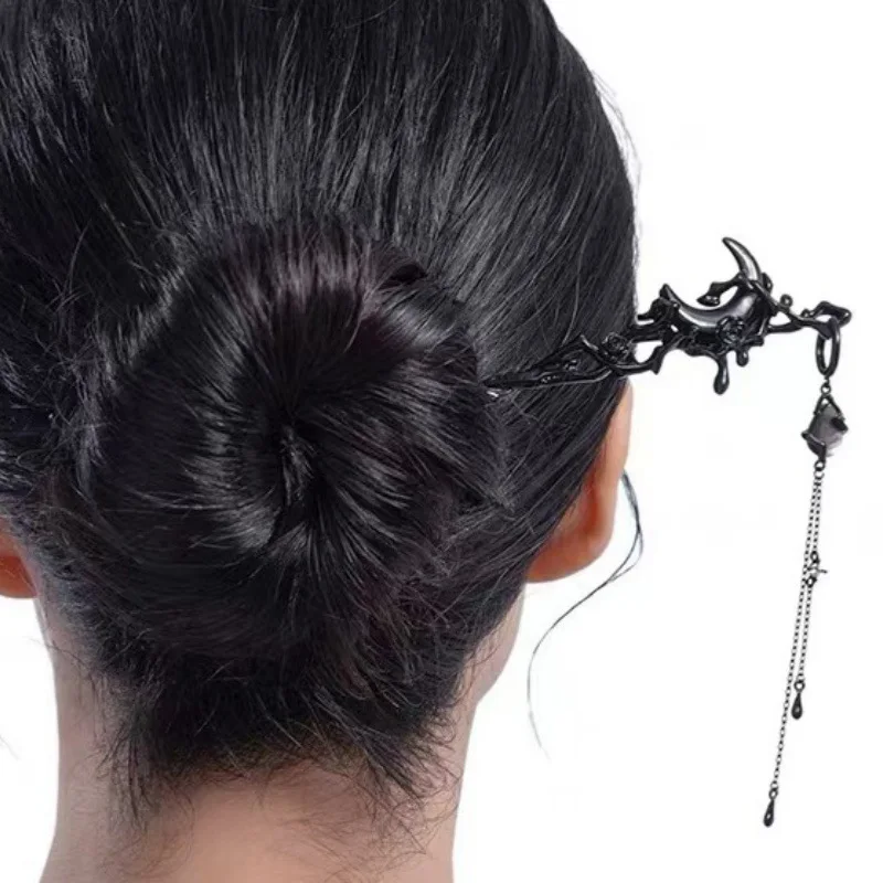 Dark Gothic Black Moon Cool Y2k New Chinese Style Retro Women Hair Stick Hairpin Geometric Accessories