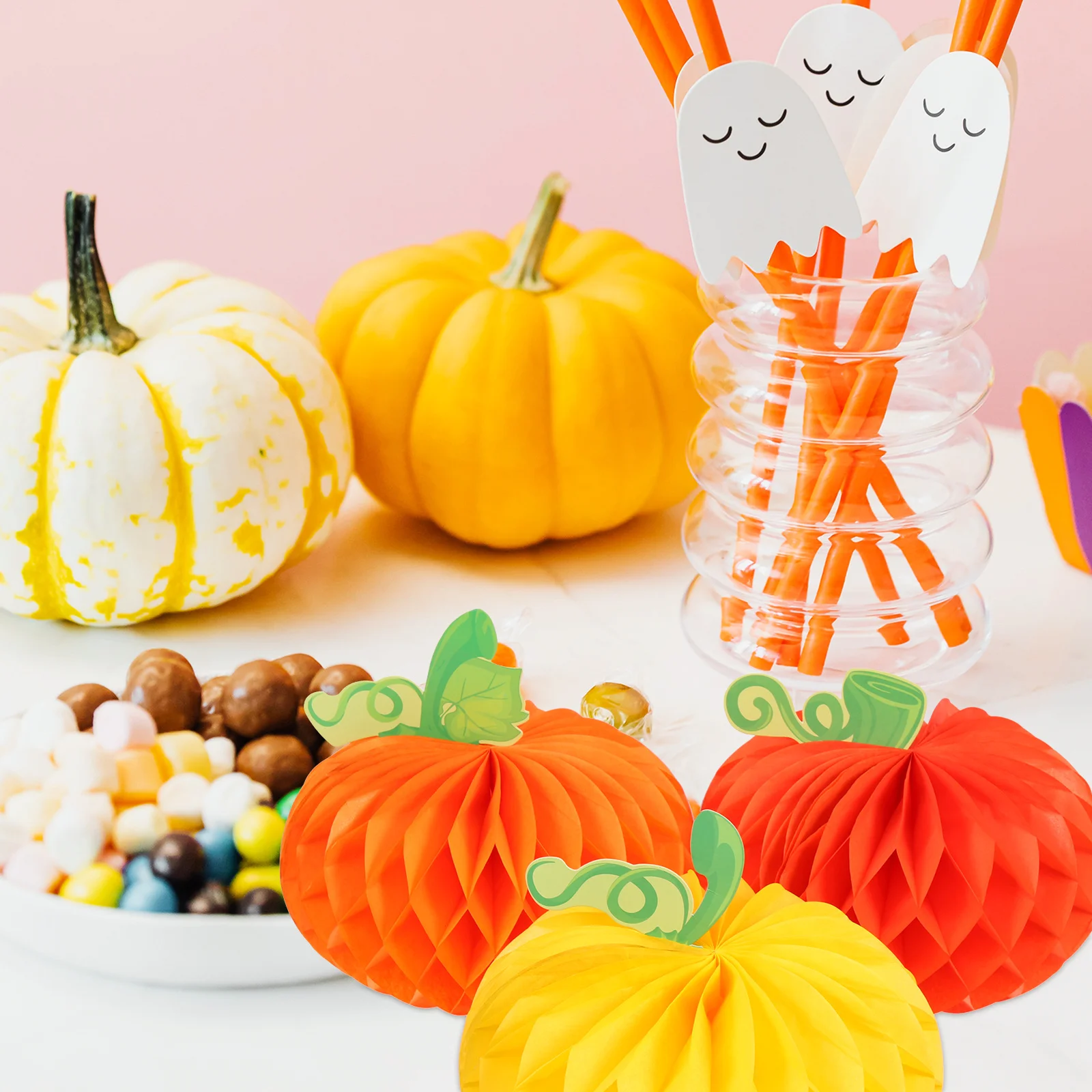 

6Pcs Halloween Themed Paper Ornaments Pumpkin Honeycomb Balls Party Decorative Pendants Desktop Wall Desktop Paper Pumpkin