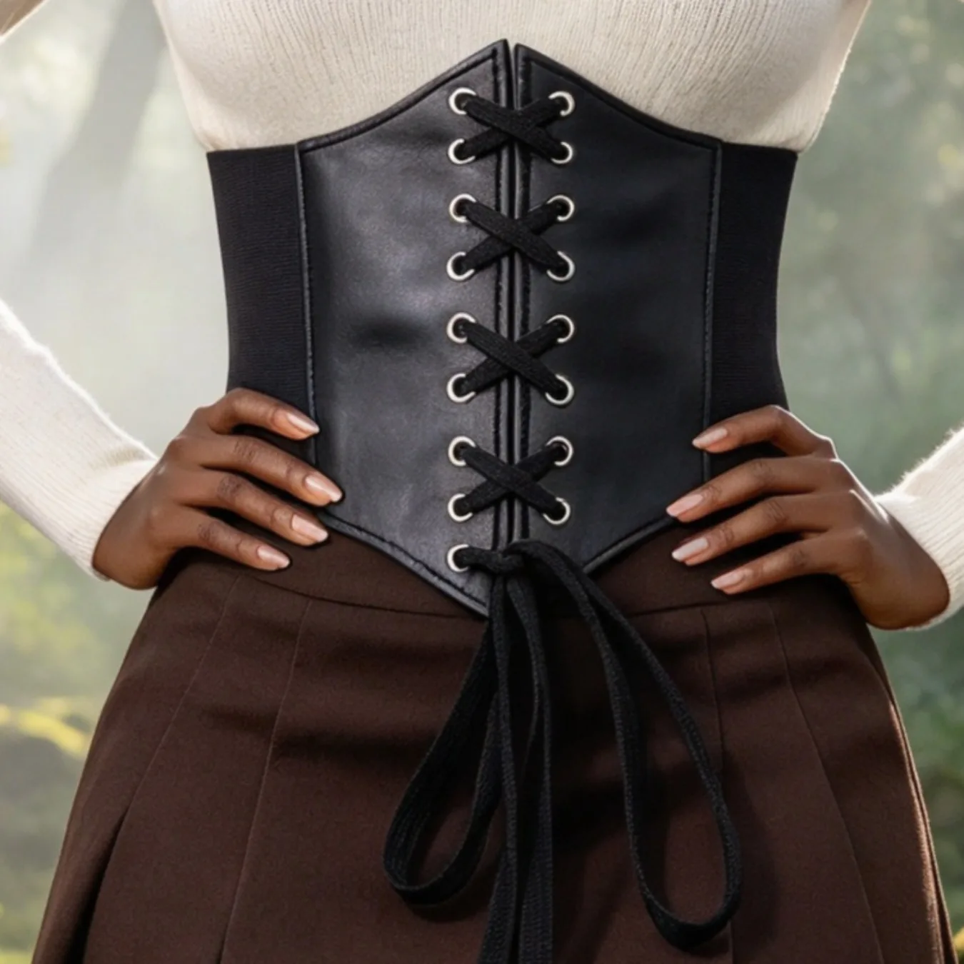 Women Court Style Corset Lace Up Waistband Cosplay Costume Matching Sweater Dress Elastic Waist Belt 2 Pcs Set view 5