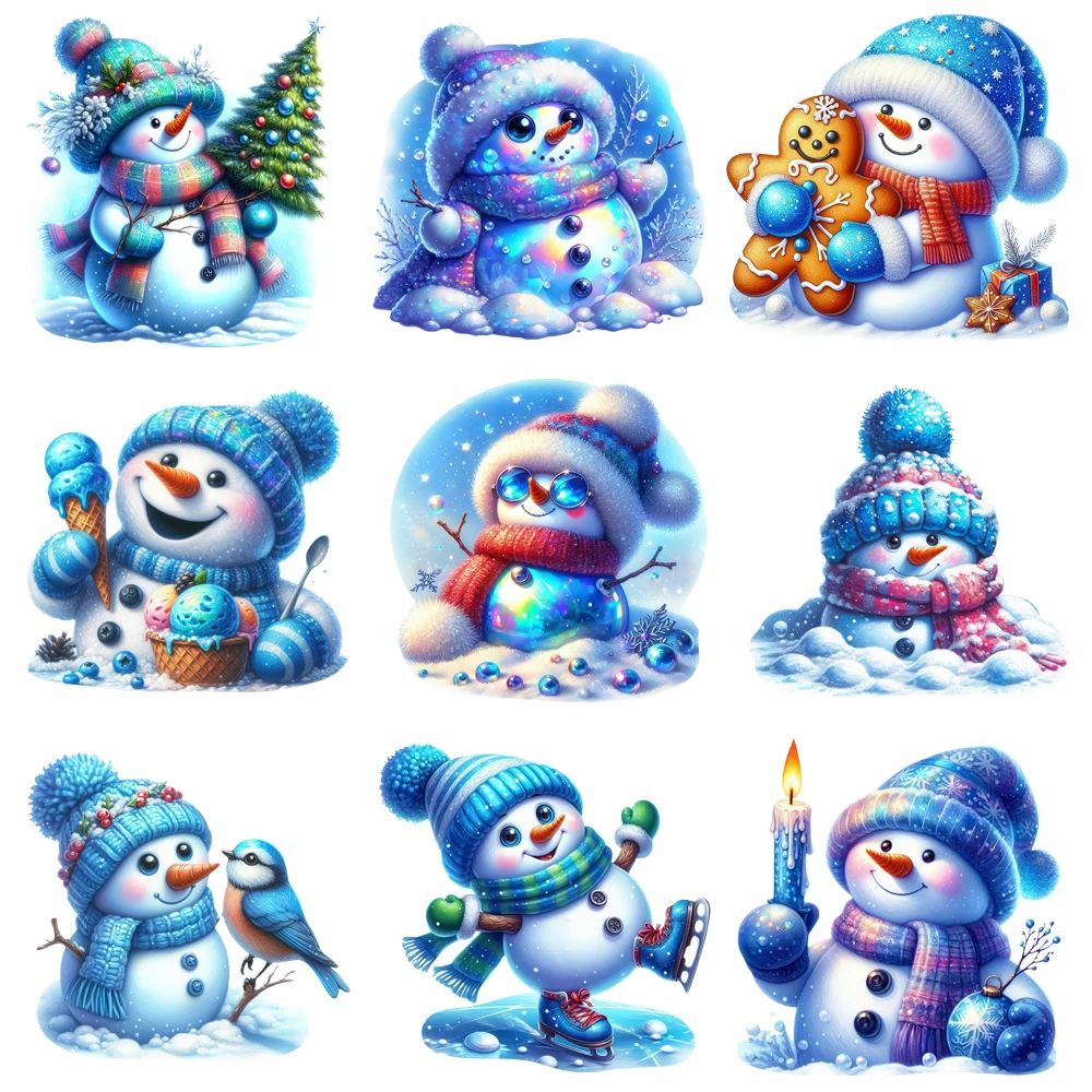 15cm Kid Christmas Blue Snowman  Iron On Heat Transfer Sticker For Clothes Pinted Vinyl Thermal Appliques Washable T-Shirt Decal