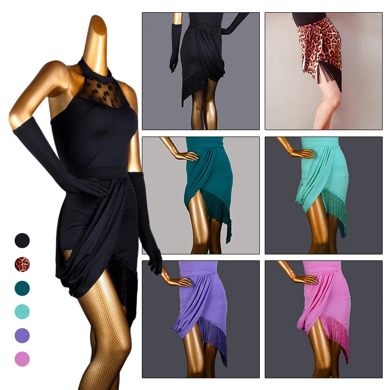 

Women Latin Dance Skirt Irregular Samba Tassel Wrap Skirt Pleated Ballroom Rumba Tango Salsa Skirts Dance Practice Costume