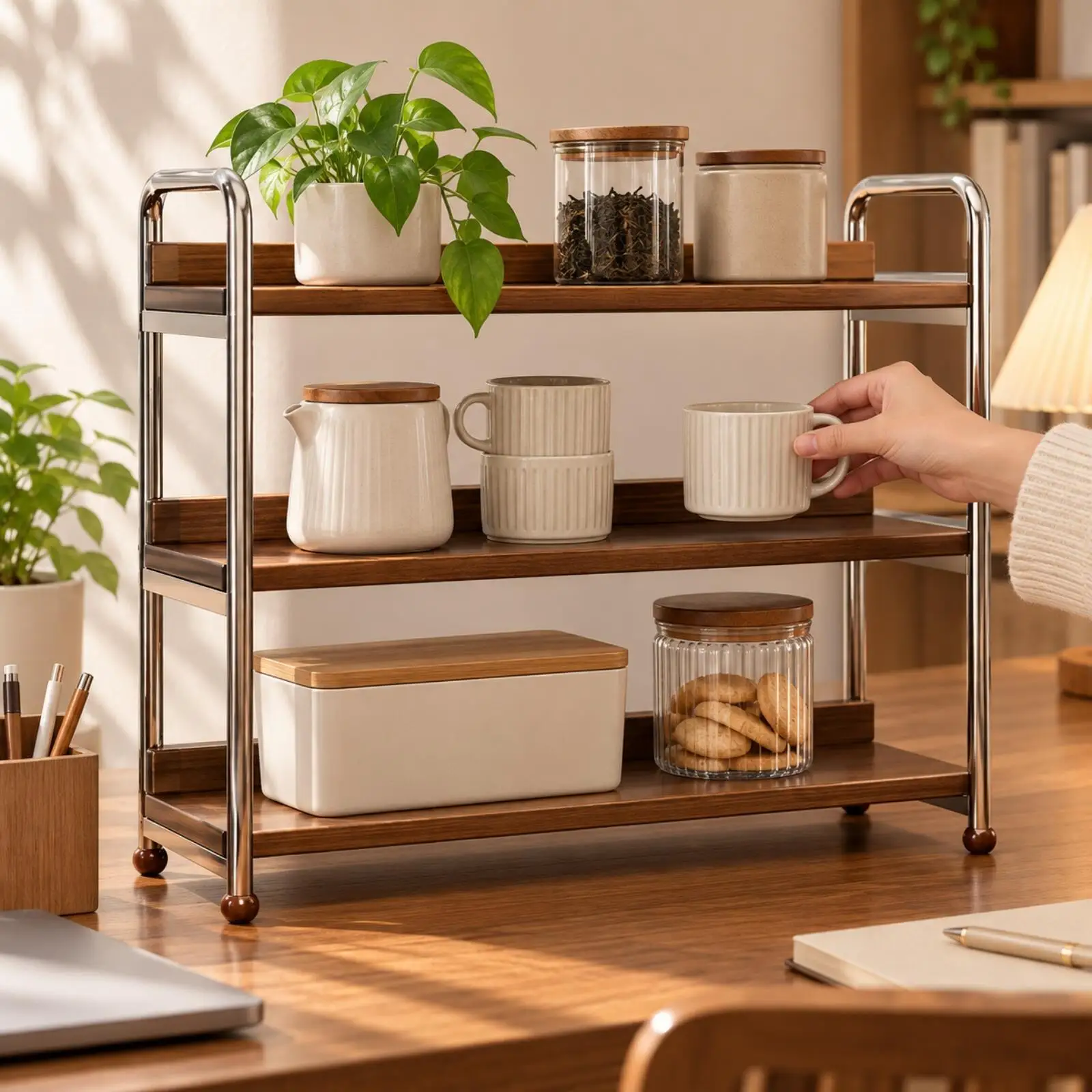 Tabletop Storage Rack Space-Saving Metal Frame Shelf with Bamboo Shelves Compact Multi-Level Countertop Rack for Dining Area,