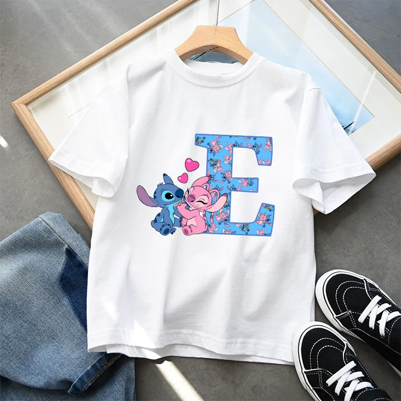 Stitch Disney Kids T Shirt Clothes Tops Children\'s Clothing Letter A-Z Summer Cute Cotton Short Sleeve Tee New Boys Girls Gifts