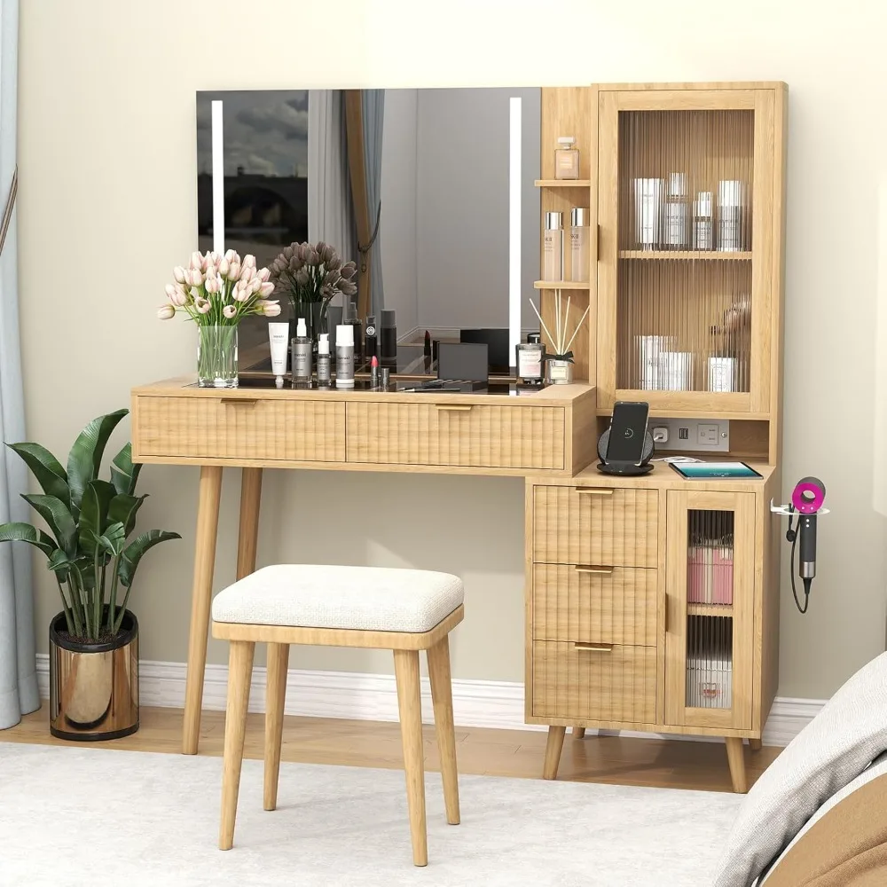 

Vanity Desk w/ LED Mirror & Lights, 5 Drawers + 2 Glass Cabinets, Glass Top, Power Outlet & Hair-Dryer Holder