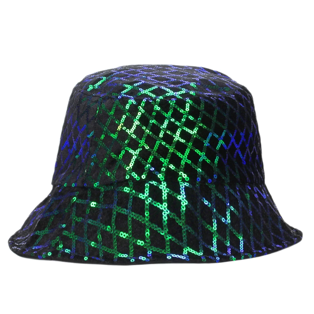 Flashy Shiny Ring Piece Reflective Striped Plaid Adult Unisex Bucket Hat for Men Women Nightclub Stage Fisherman Cap Guitar DY11