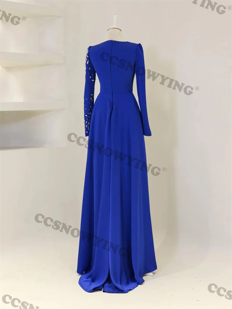 Royal Blue Satin Beaded Hijab Muslim Evening Dresses Islamic Long Sleeve Women Formal Party Gown Arabic Dubai Robes De Soirée