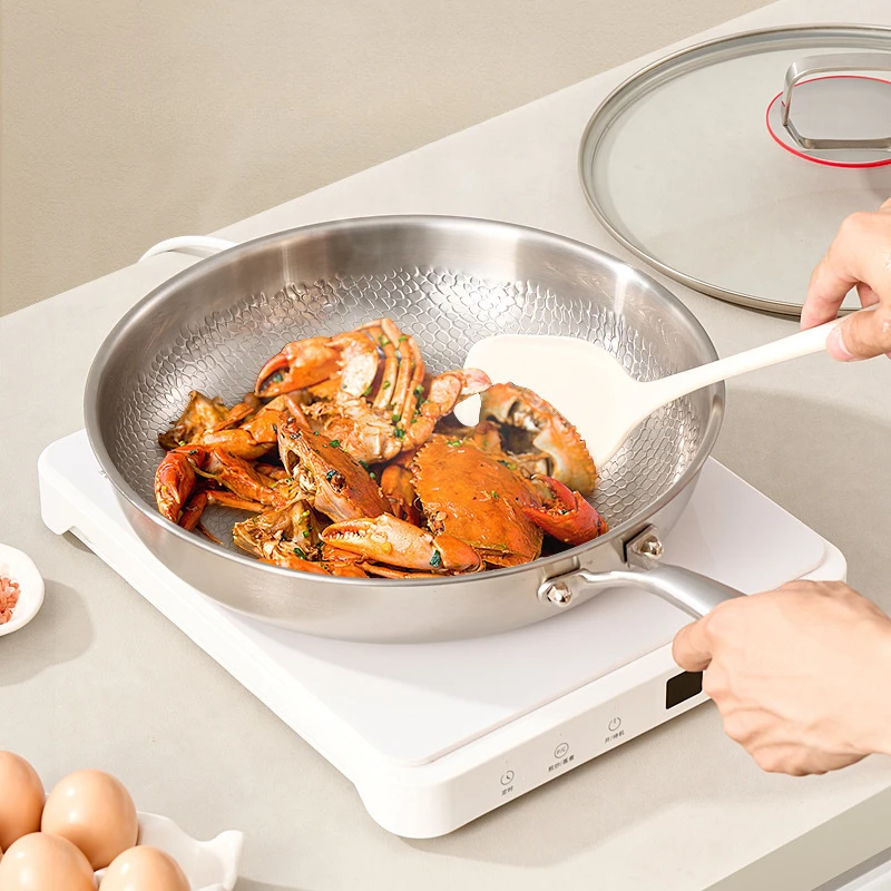 Titanium stainless steel frying pan deep large capacity lotus leaf pattern pan household non-stick wok pan