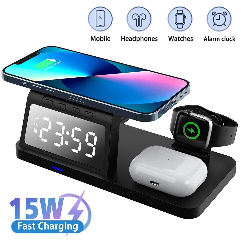 15W 5 in 1 Wireless Charger Stand Pad Alarm Clock Fast Charging Station Dock for iPhone 16 15 14 13 12 11 For IWatch Airpods Pro