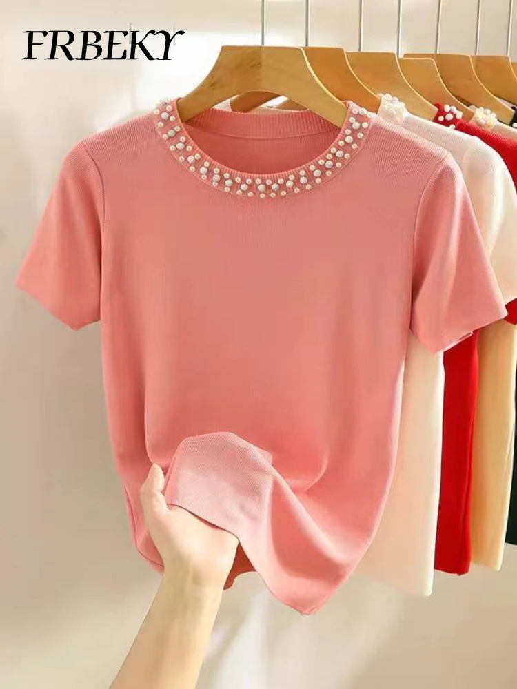 Sommer neue Boden kurz ärmel igen Strick pullover schlanke einfarbige Perlen Damen Tops koreanische Mode Rundhals-T-Shirt Streetwear
