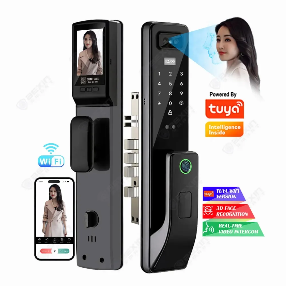 Tuya Wifi App Smart Lock met 3D-gezichtsherkenning en camera Video-intercom Deurslot Digitale kaart Nfc Keyless Safe Smart Lock