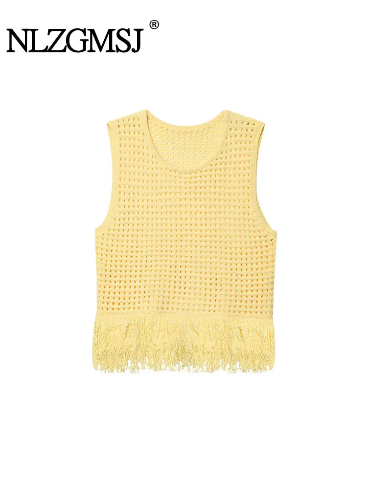 

Tassel Decoration Streetwear Fashion Vest O-neck Sleeveless Knitted Short Tops For Women Sweater Vest Casual Waistcoats