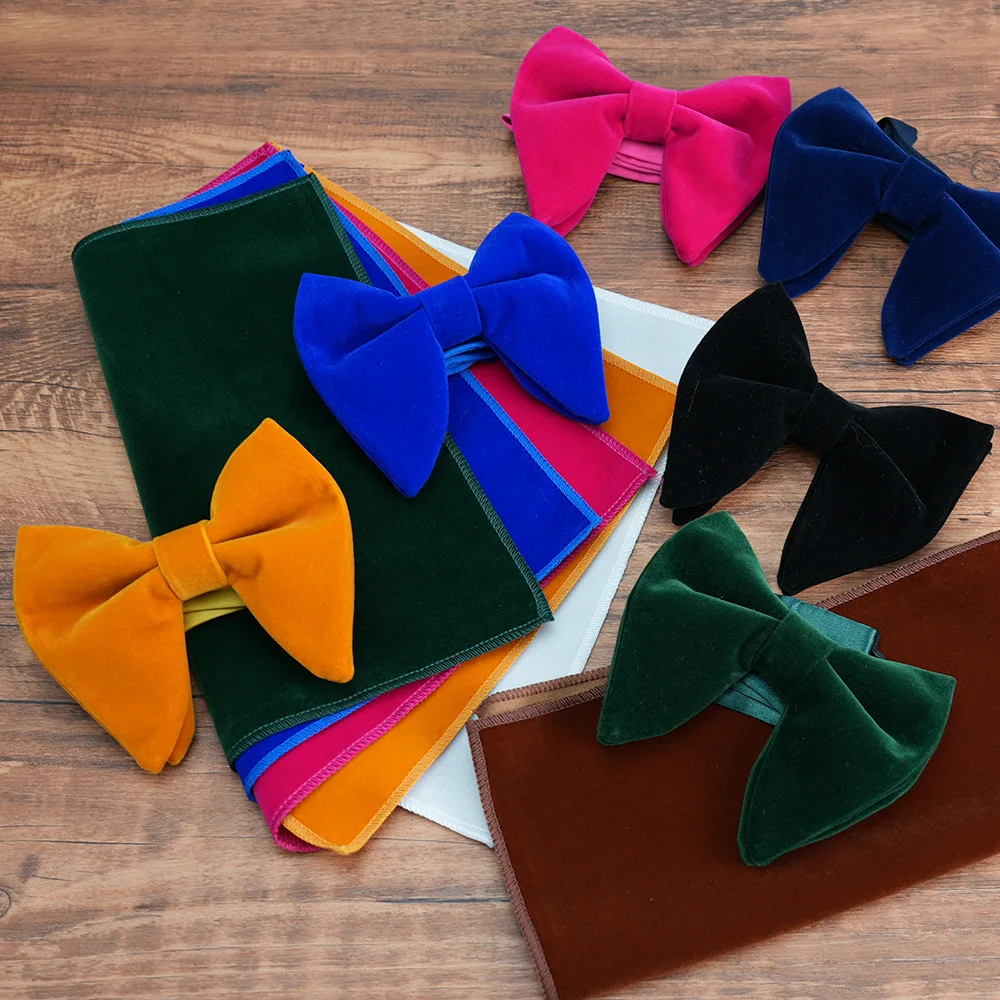 

Fashion Men's Oversized Bow Ties Velvet Black Pocket Square Red Navy White Bowknot Tuxedo Accessories Green Handkerchief Cravat