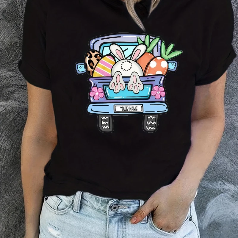 Funny Kawaii Cartoon Bunny Pickup Print T-Shirts for Women Harajuku Summer Fashion Casual Crew Neck Short Sleeve Tops