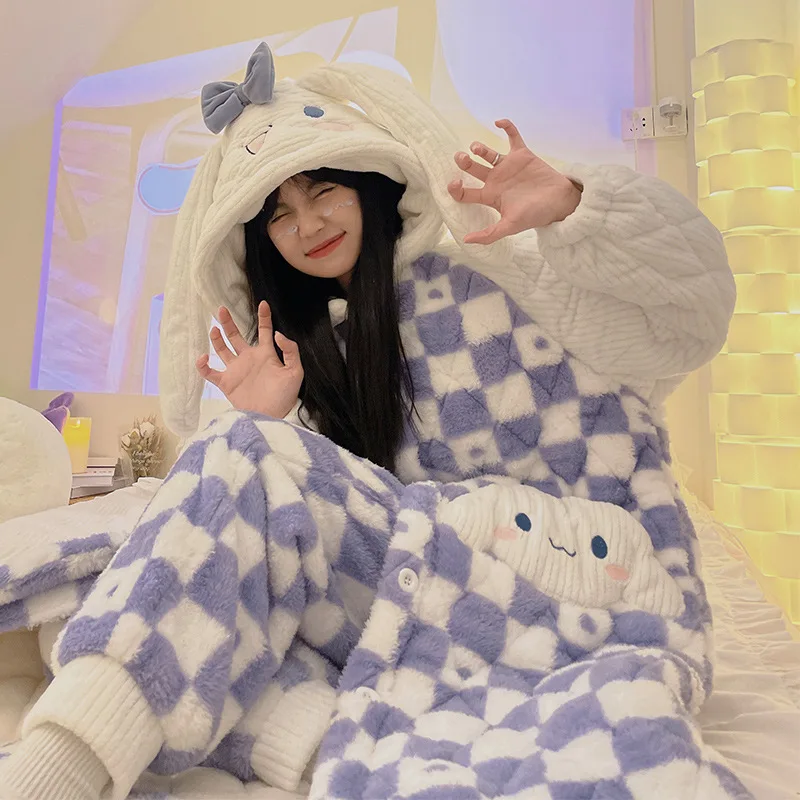 2 pezzi Kawaii Sanrio pigiama Anime Cartoon Pompompurin Kuromi Cinnamoroll tre strati di ispessimento pigiama con cappuccio vestiti per la casa