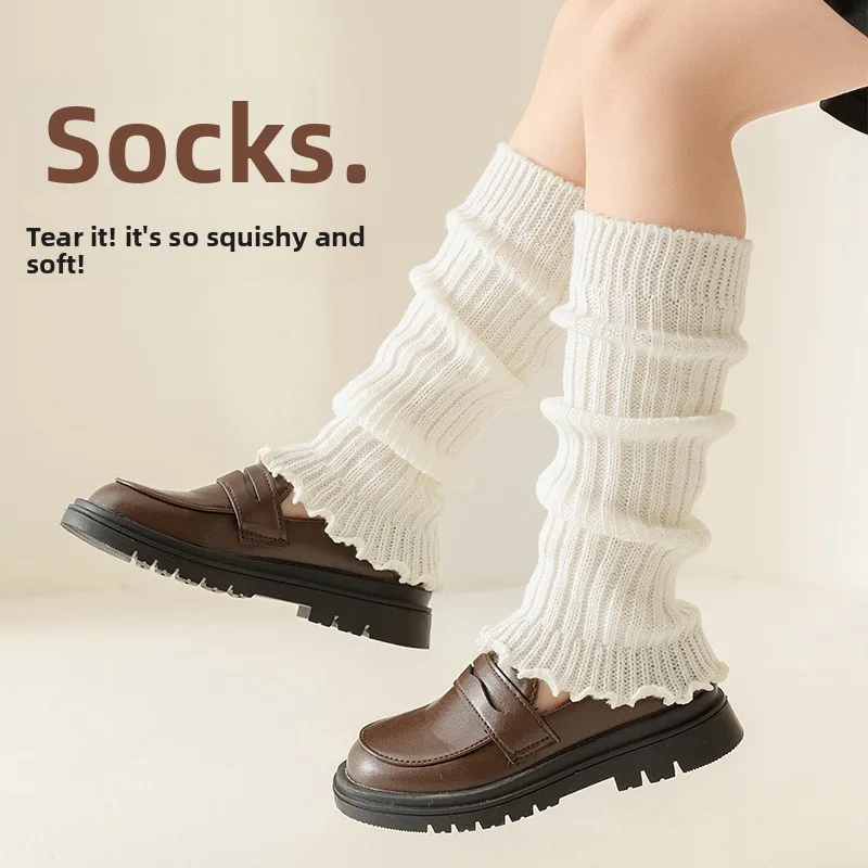 Girls' Spring-Autumn Korean-style Knit Socks: A-class, warm & trendy—frilled slouchy JK mid-calf socks for stylish little girls!
