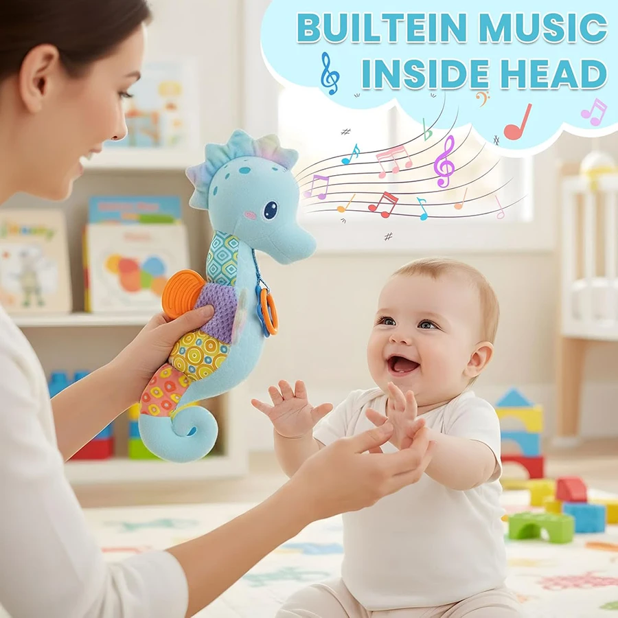 Jouets en peluche pour bébé de 0 à 6 mois, hippocampe musicale, Animal en peluche avec hochet, jouet doux pour nouveau-né de 0 6 9 12 mois
