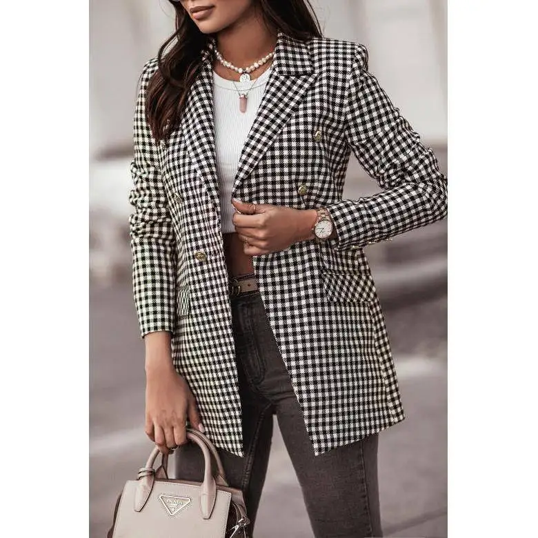 Faionable pak met geruite print Jaet Dames Busin Casual polyestervezel Lange Sve halflange jas Europese Sle