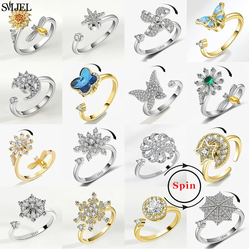 Luksusowy Fidget Spinner Ring Lęk dla kobiet Kryształowy kwiat Pszczoła Motyl Uroki Pierścionki na palce Dziewczyny Biżuteria ślubna antystresowa