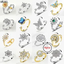Luxury Fidget Spinner Ring Anxiety for Women Crystal Flower Bee Butterfly Charms Finger Rings Girls Anti Stress Wedding Jewelry
