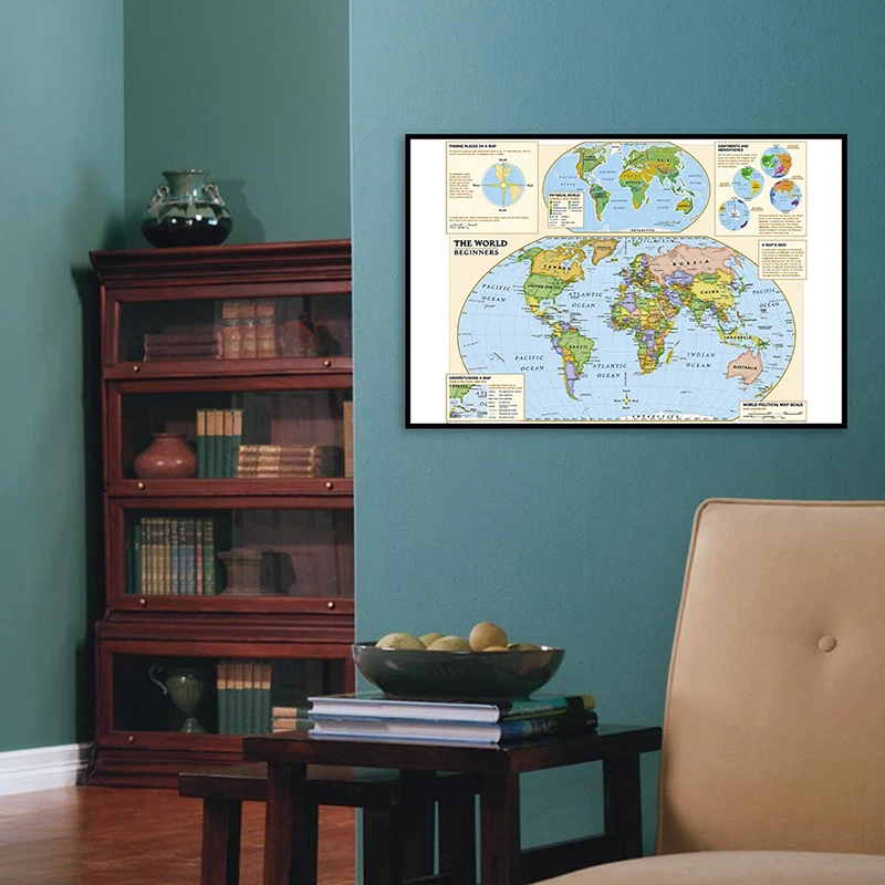 60x90CM The Political World Map with Detailed Information on All Positions of The Earth Non-woven Blue Map Wall Art Picture