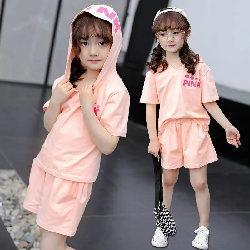 2024 fashion Girls Summer Suit New Child set Clothes Shorts pink heart hooded T-shirt + hot pant Teenager Kids 4 7 8 9 12 year