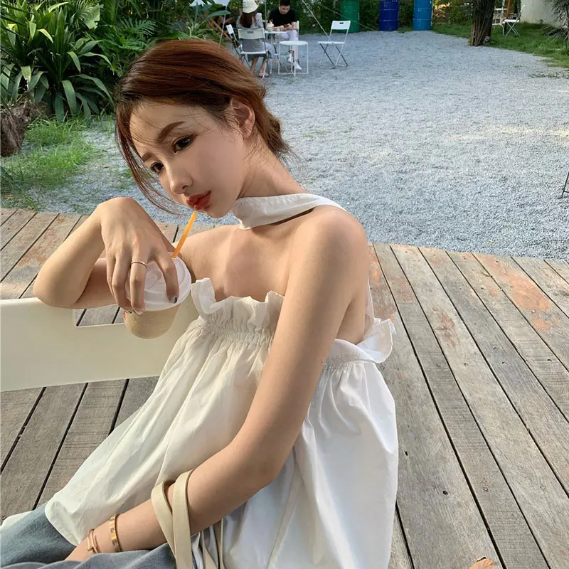 صيف جديد تصميم الجنية واحد الكتف سترة حزام المرأة الأعلى الجوف خارج بال الكورية Sle سليم صالح ort طول Tirt