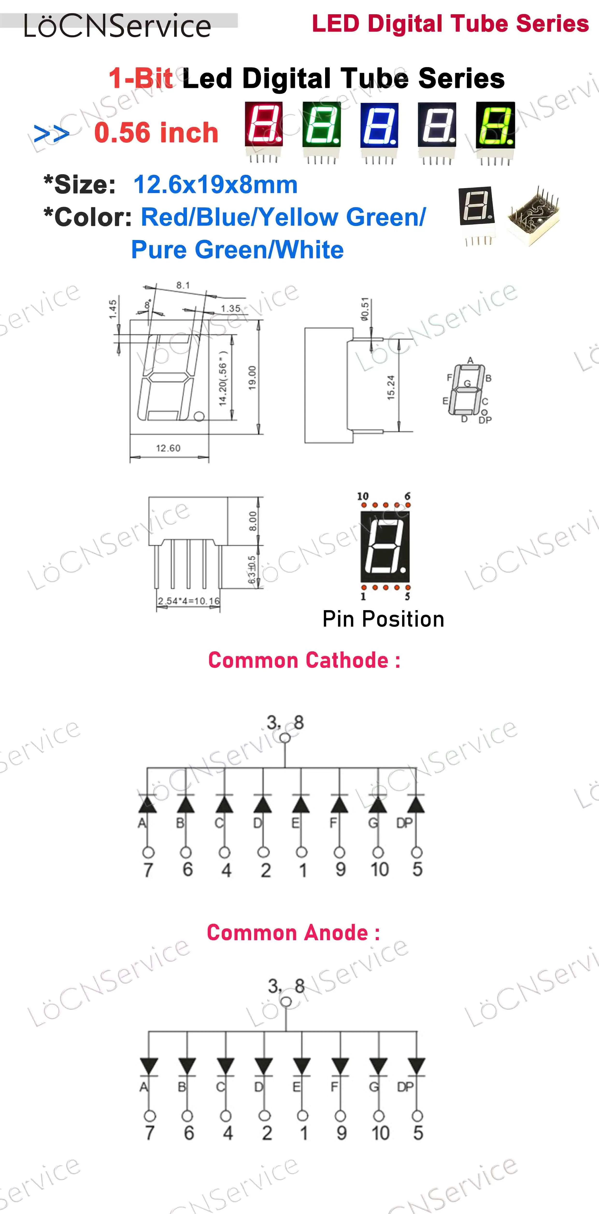 0.56인치 LED 디스플레이 디지털 튜브 1비트 레드 블루 화이트 옐로우 퓨어 그린 공통 음극 양극 고휘도 시계 디스플레이 50개