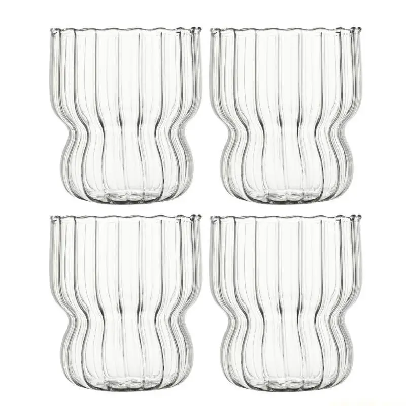 QX2E Drinking Glasses with Straws Set Coffee Glasses Ribbed Glassware for Kitchen